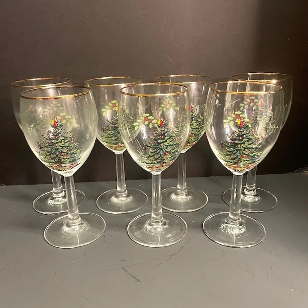 Vintage Spode Christmas Tree 12 oz Stemmed Wine Glasses Gold Rim Set of 7